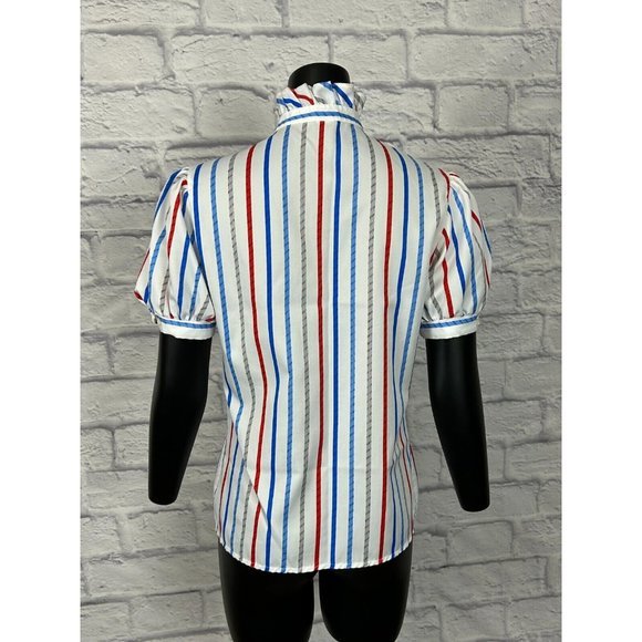 Pins & Needles Women's Button Up Stripe Turtle Neck Ruffled Puffed Short Sleeves - Picture 4 of 6